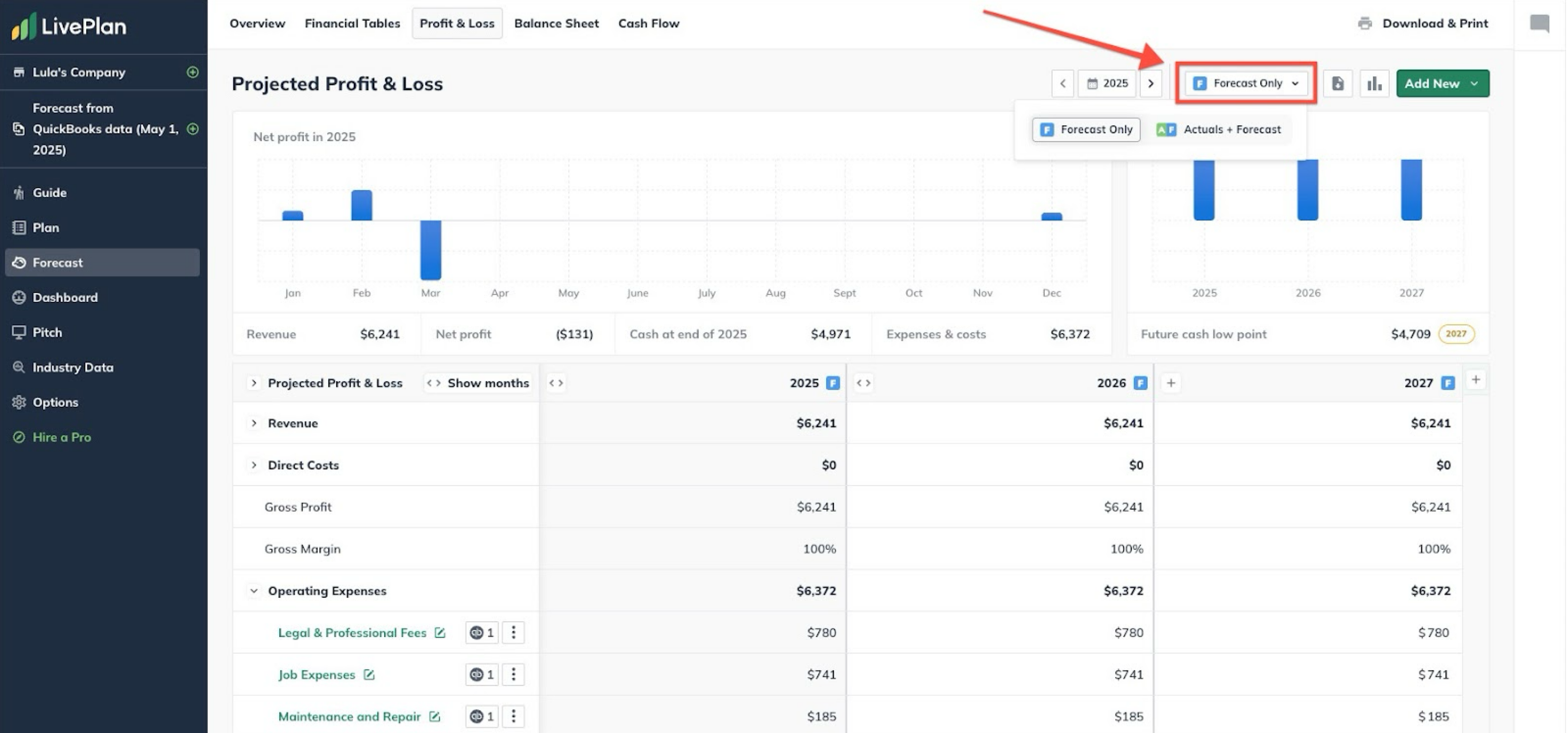 liveforecast highlighted on projected profit and loss.png