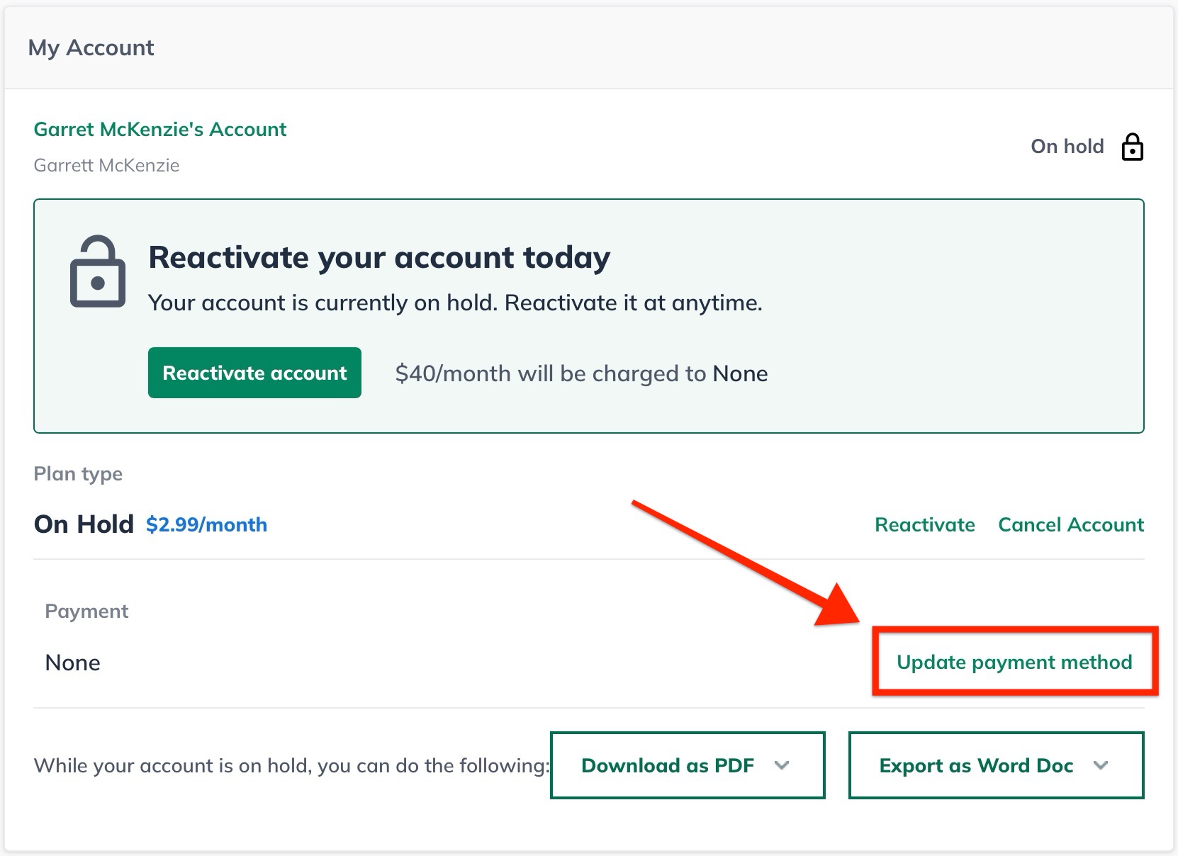 update payment method link
