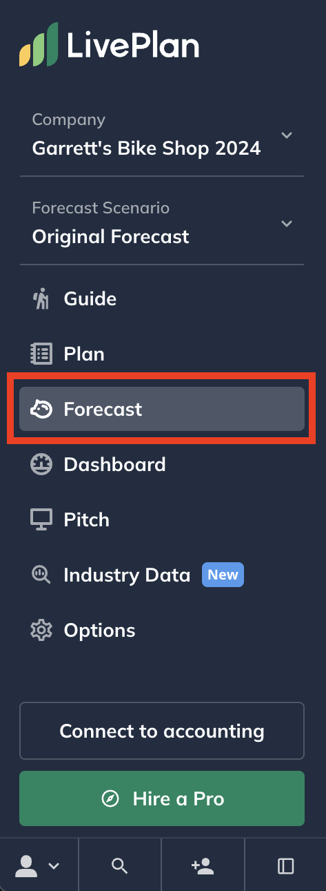 LivePlan Menu Arrow Pointing to Forecast.png