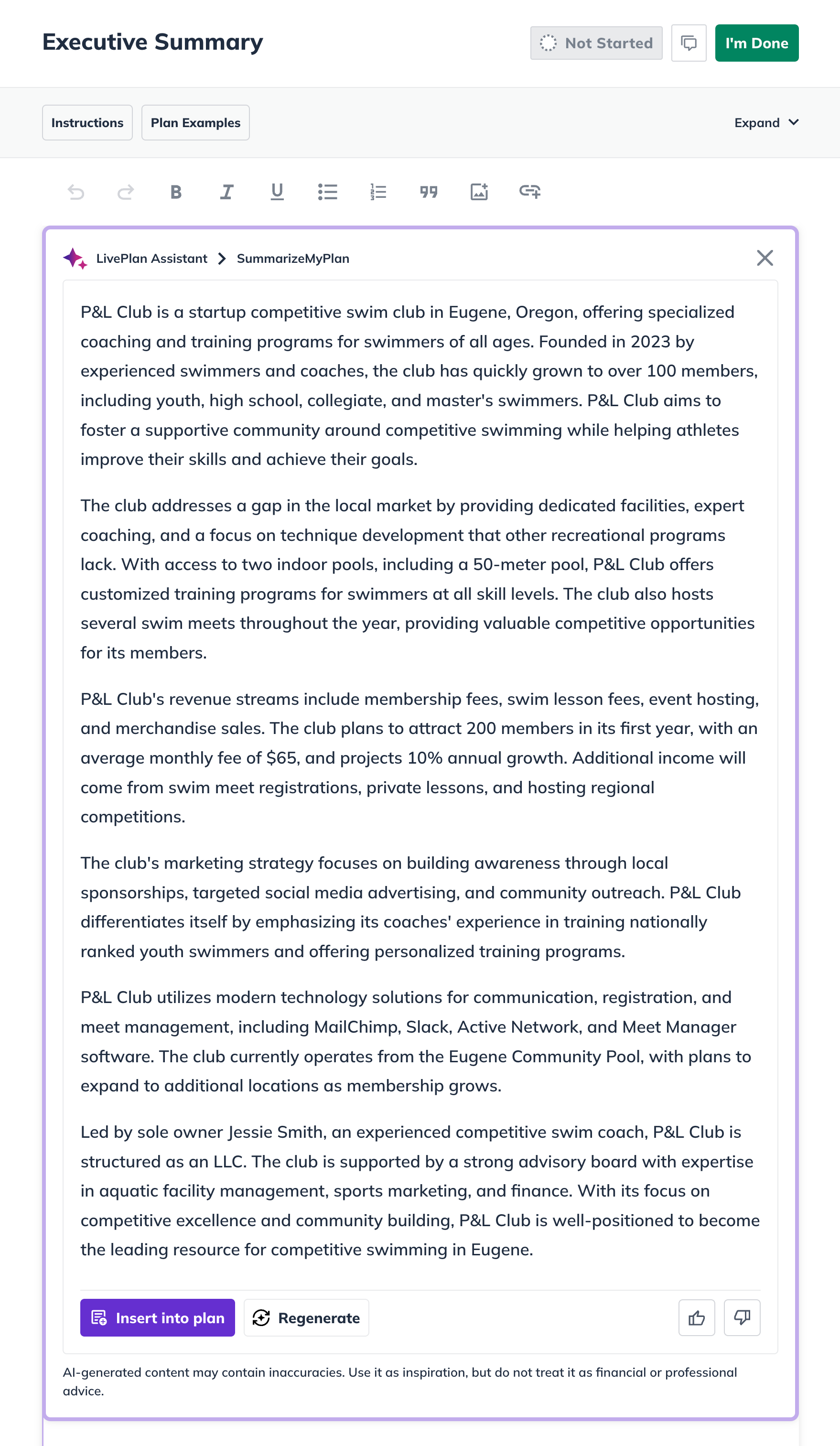 LivePlan Assistant SummarizeMyPlan Executive Summary 